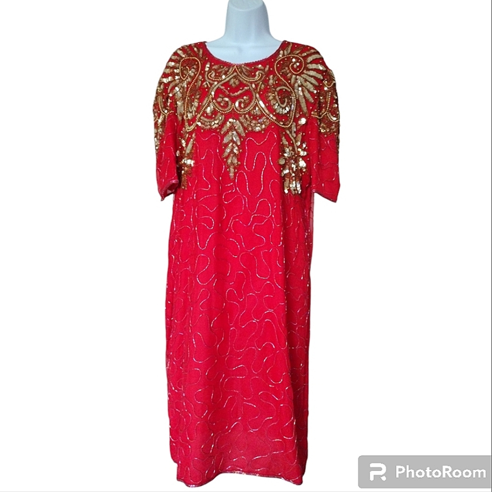 Allyson Whitmore Red Silk Beaded Sequin Formal Party Shift Dress Large